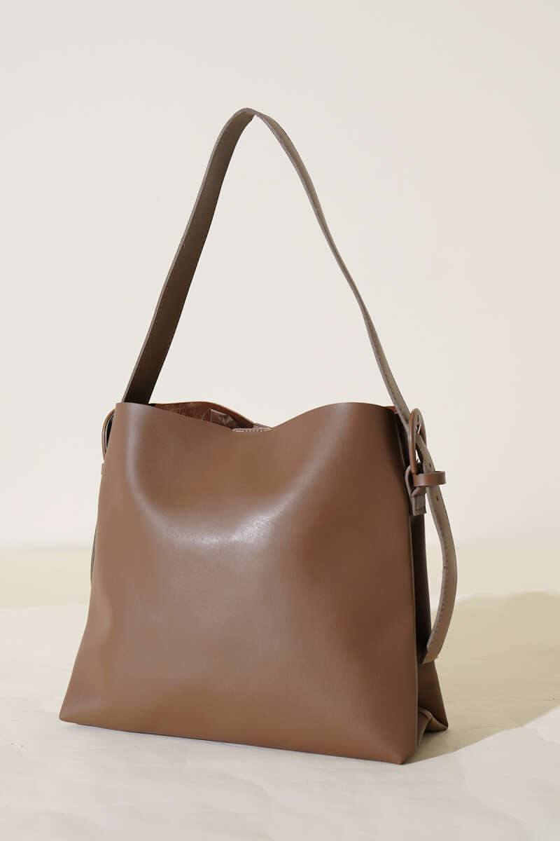 Shoulder Bag with Belt Buckle - Light Brown