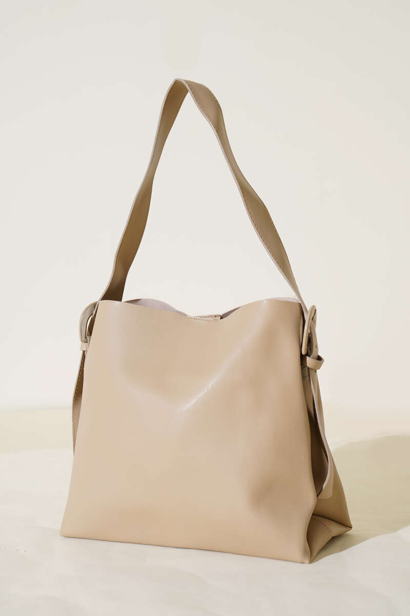 Shoulder Bag with Belt Buckle - Beige