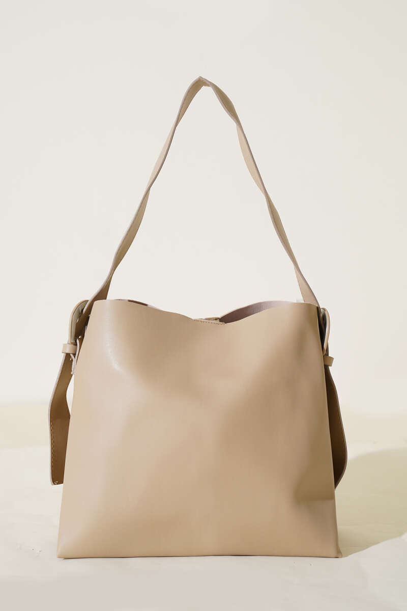 Shoulder Bag with Belt Buckle - Beige
