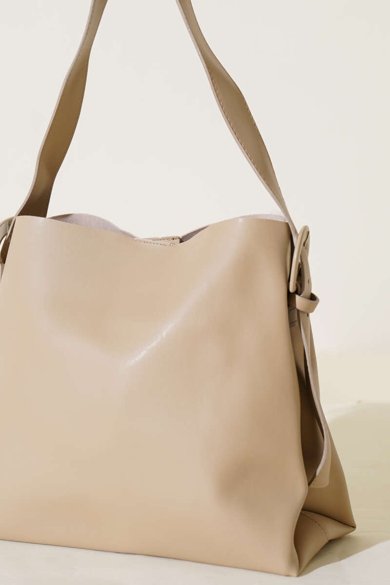Shoulder Bag with Belt Buckle - Beige