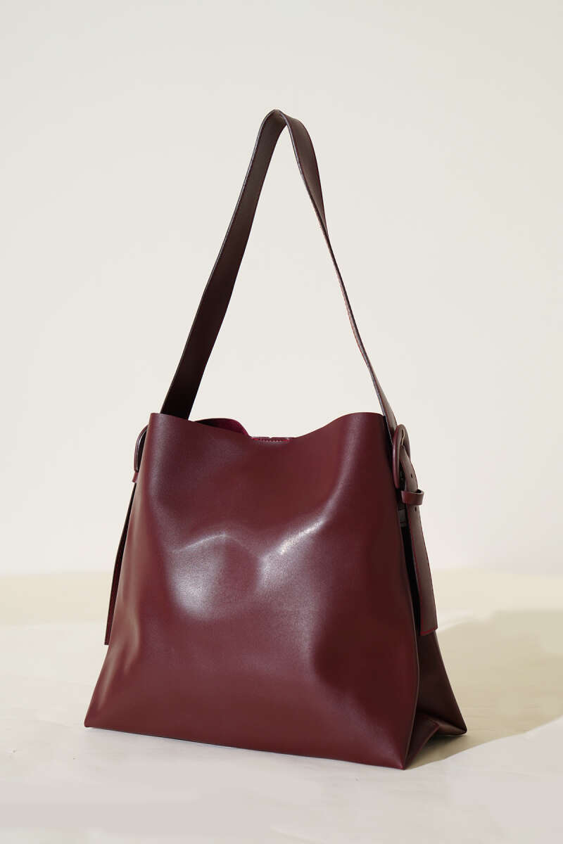 Shoulder Bag with Belt Buckle - Burgundy