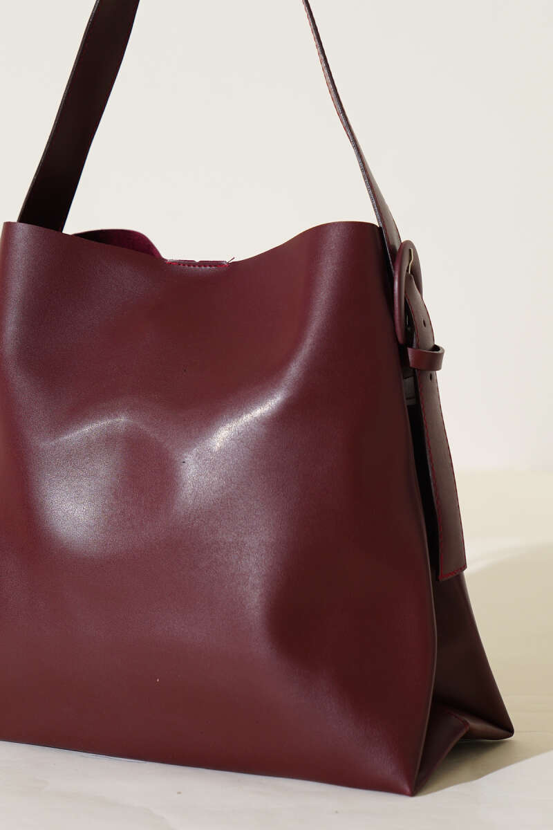 Shoulder Bag with Belt Buckle - Burgundy