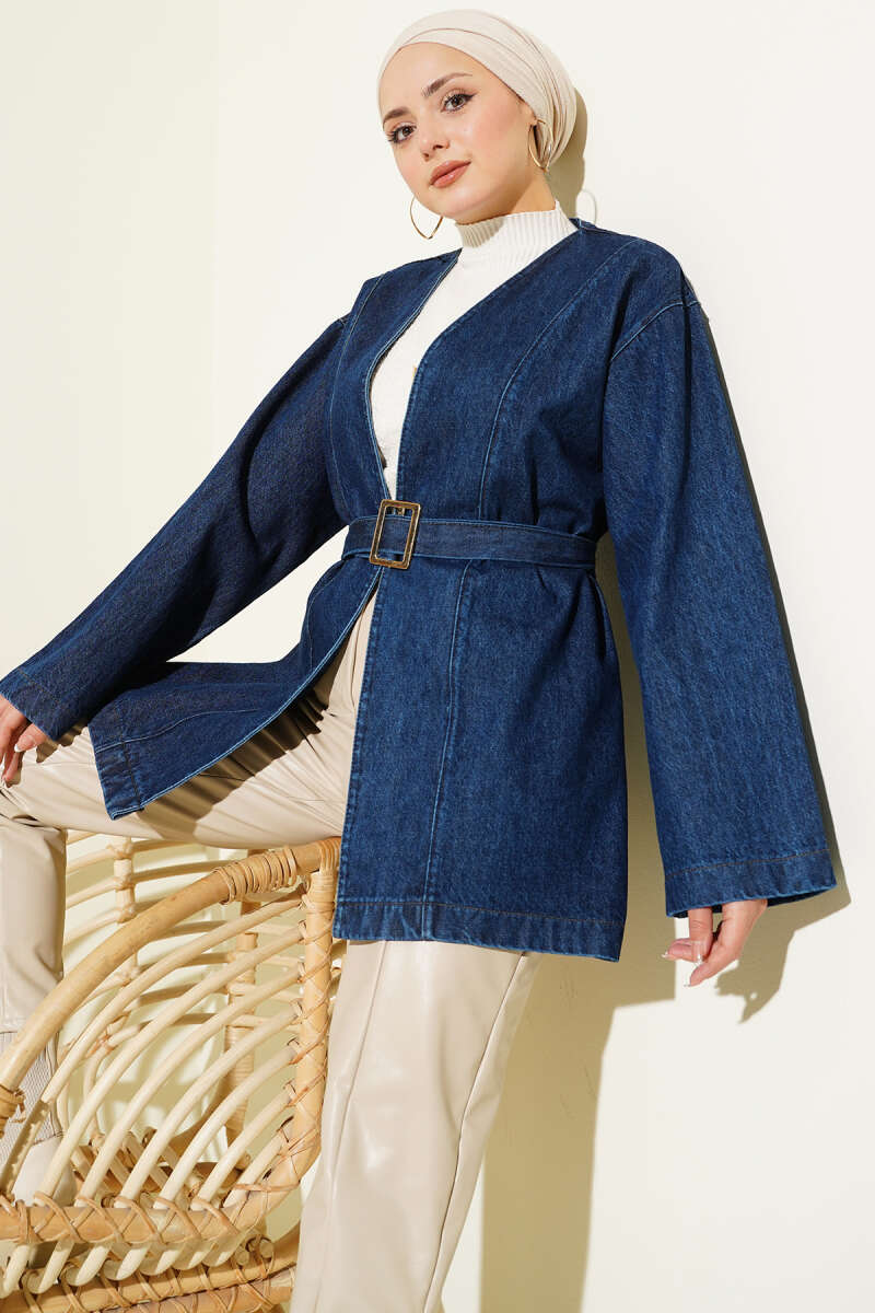 Belted Denim Jacket with Buckle - Classic Denim