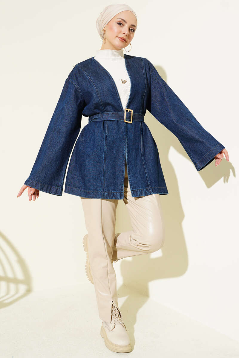Belted Denim Jacket with Buckle - Classic Denim