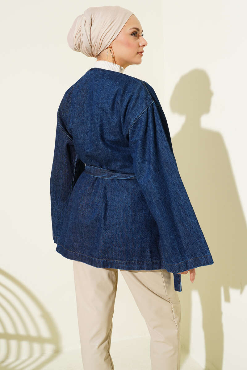Belted Denim Jacket with Buckle - Classic Denim