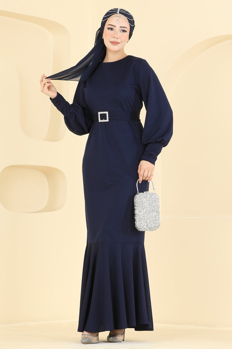Crepe Knit Evening Dress with Buckled Belt - Navy