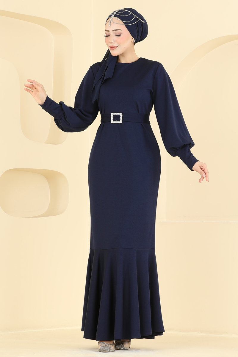 Crepe Knit Evening Dress with Buckled Belt - Navy