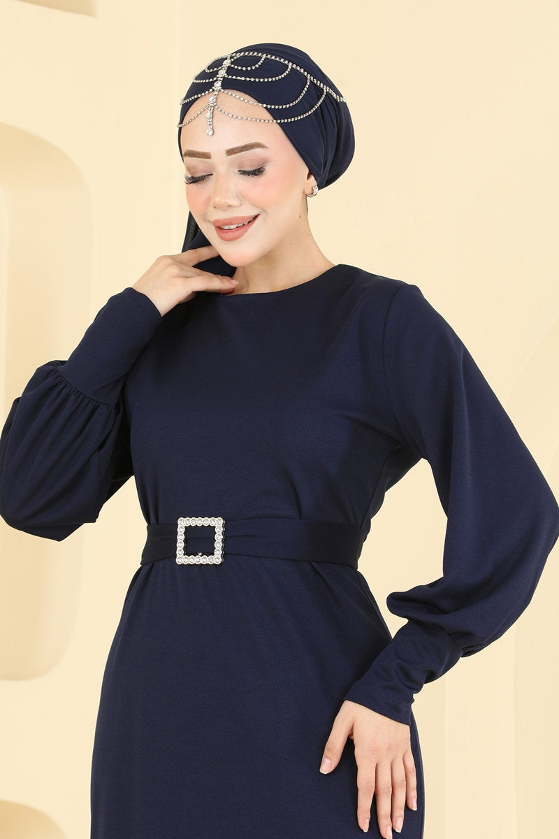 Crepe Knit Evening Dress with Buckled Belt - Navy