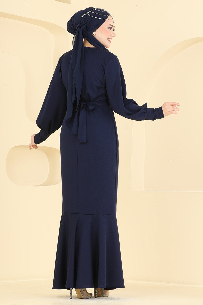 Crepe Knit Evening Dress with Buckled Belt - Navy