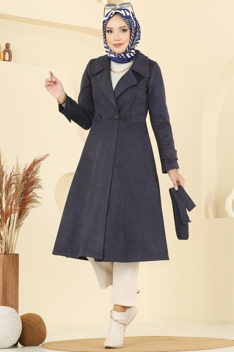 Suede Trench Coat with Buckled Belt - Navy