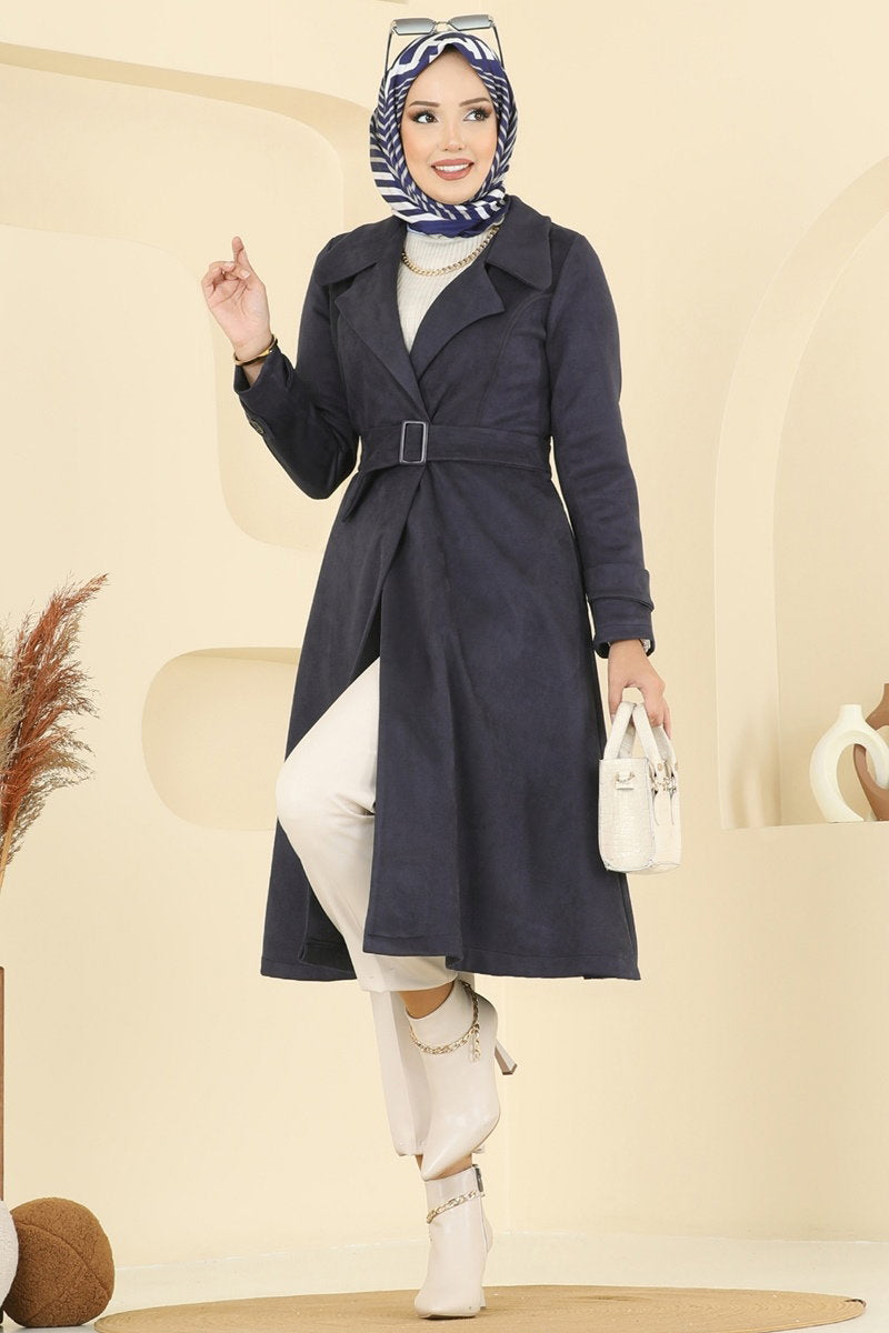 Suede Trench Coat with Buckled Belt - Navy
