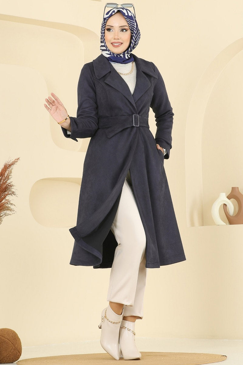 Suede Trench Coat with Buckled Belt - Navy