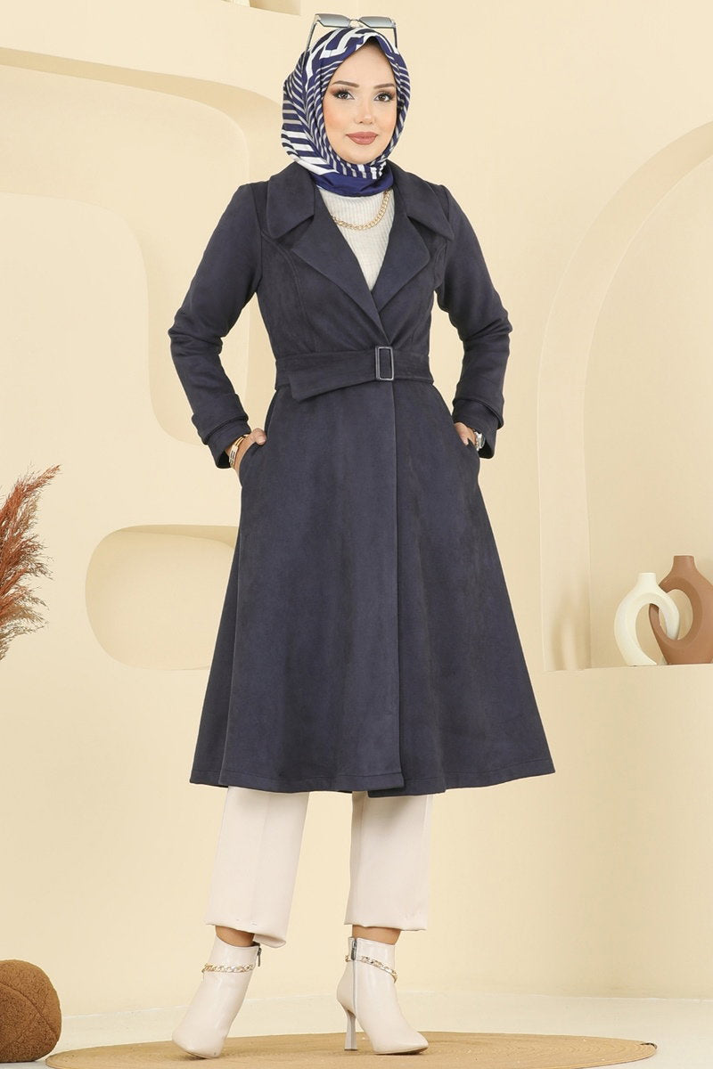 Suede Trench Coat with Buckled Belt - Navy