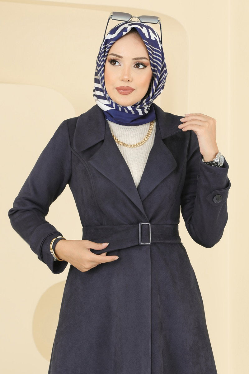 Suede Trench Coat with Buckled Belt - Navy