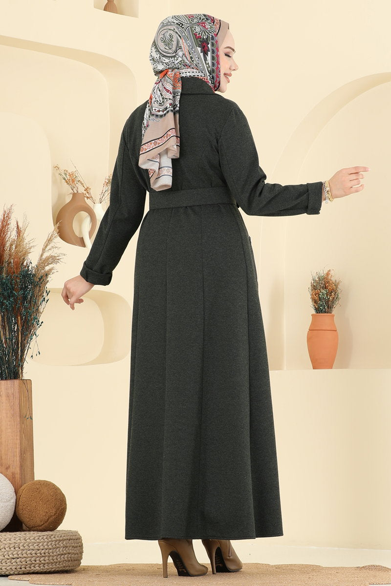 Tweed Abaya Coat with Buckled Belt - Khaki