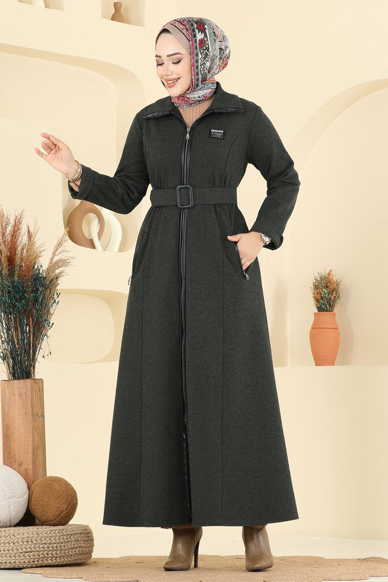 Tweed Abaya Coat with Buckled Belt - Khaki