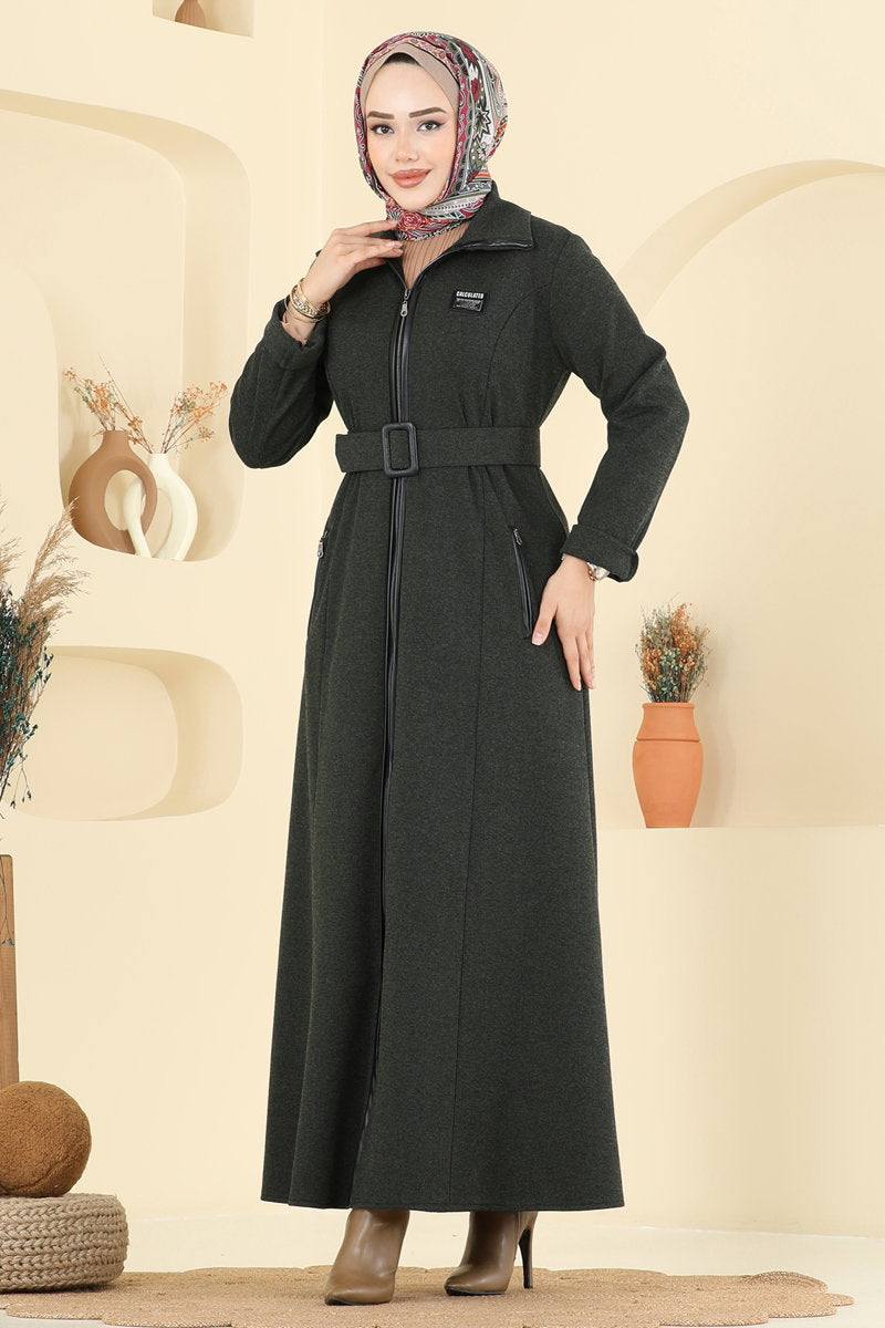 Tweed Abaya Coat with Buckled Belt - Khaki