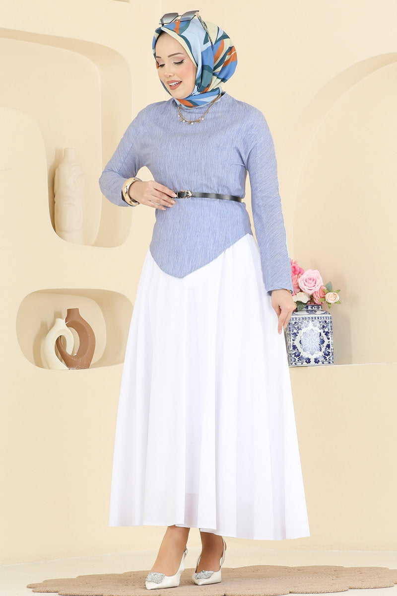Belted Linen Skirt Set - Blue