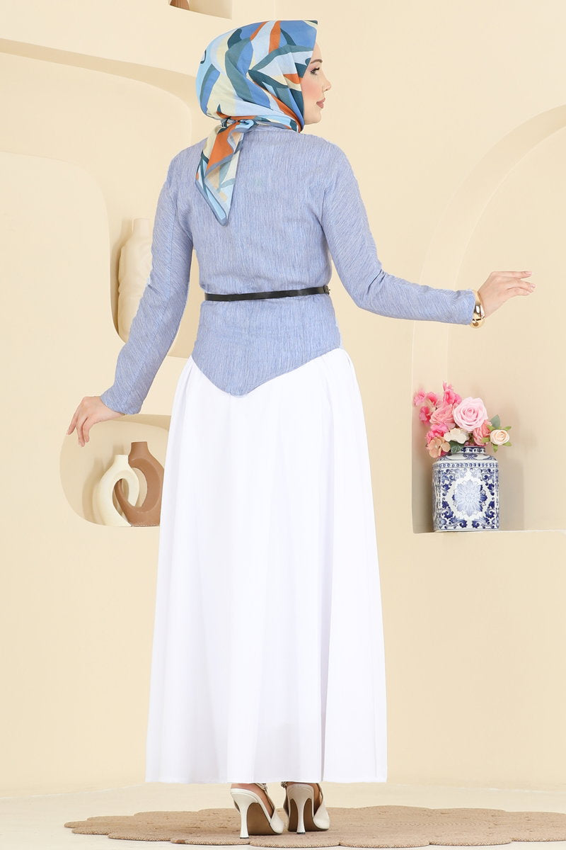 Belted Linen Skirt Set - Blue