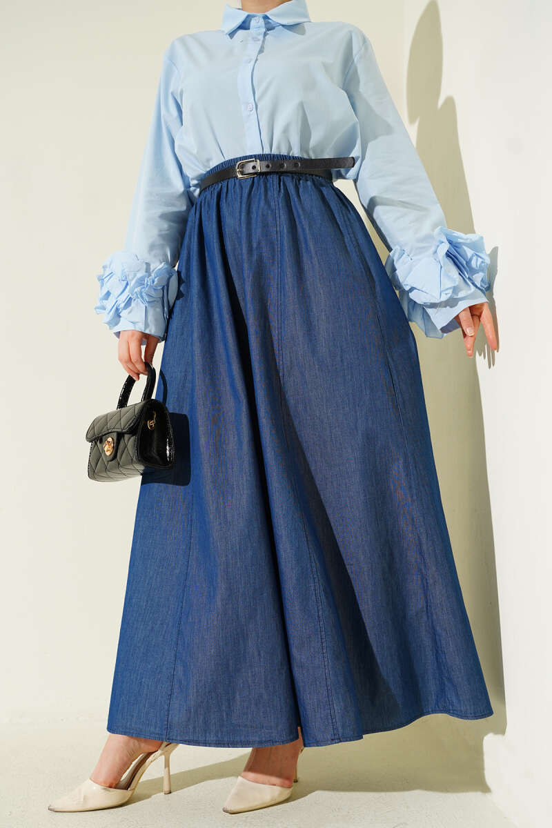 Belted Flared Skirt with Elastic Waist - Navy