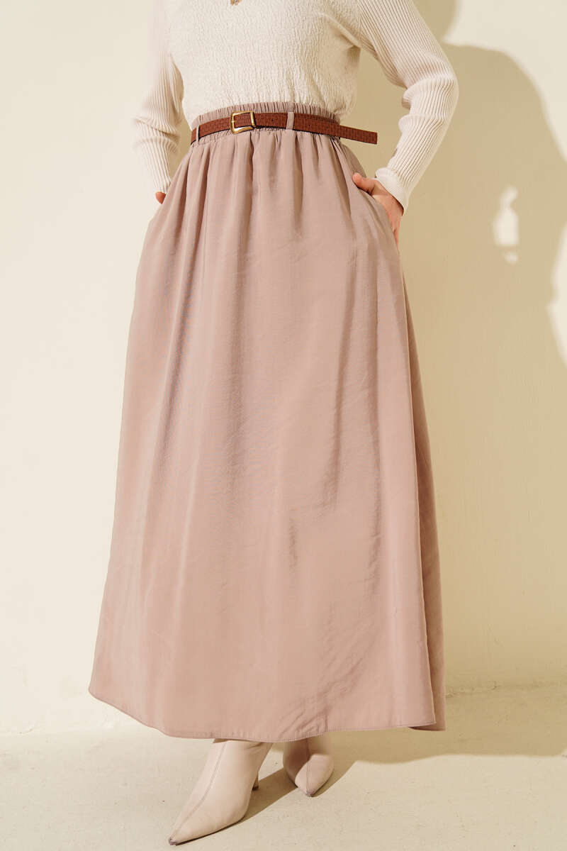 Belted Tencel Skirt with Elastic Waist - Beige