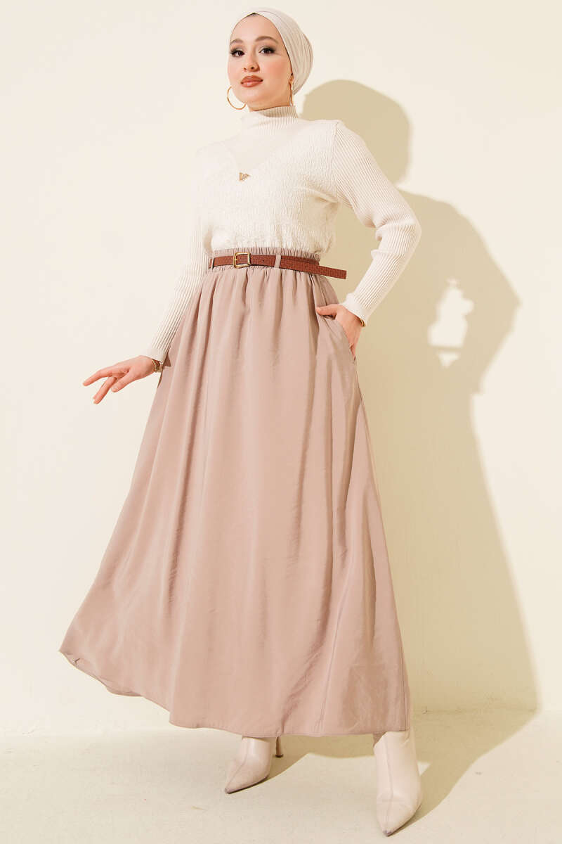 Belted Tencel Skirt with Elastic Waist - Beige