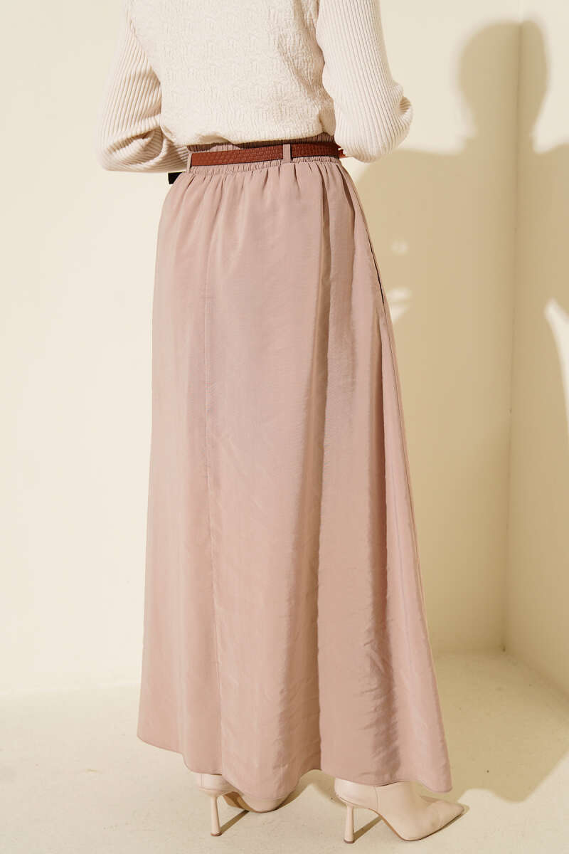 Belted Tencel Skirt with Elastic Waist - Beige