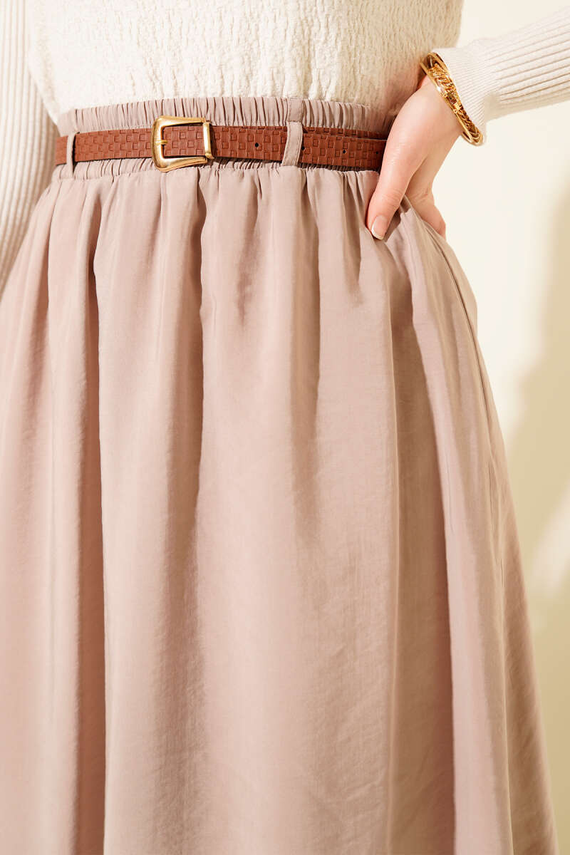 Belted Tencel Skirt with Elastic Waist - Beige