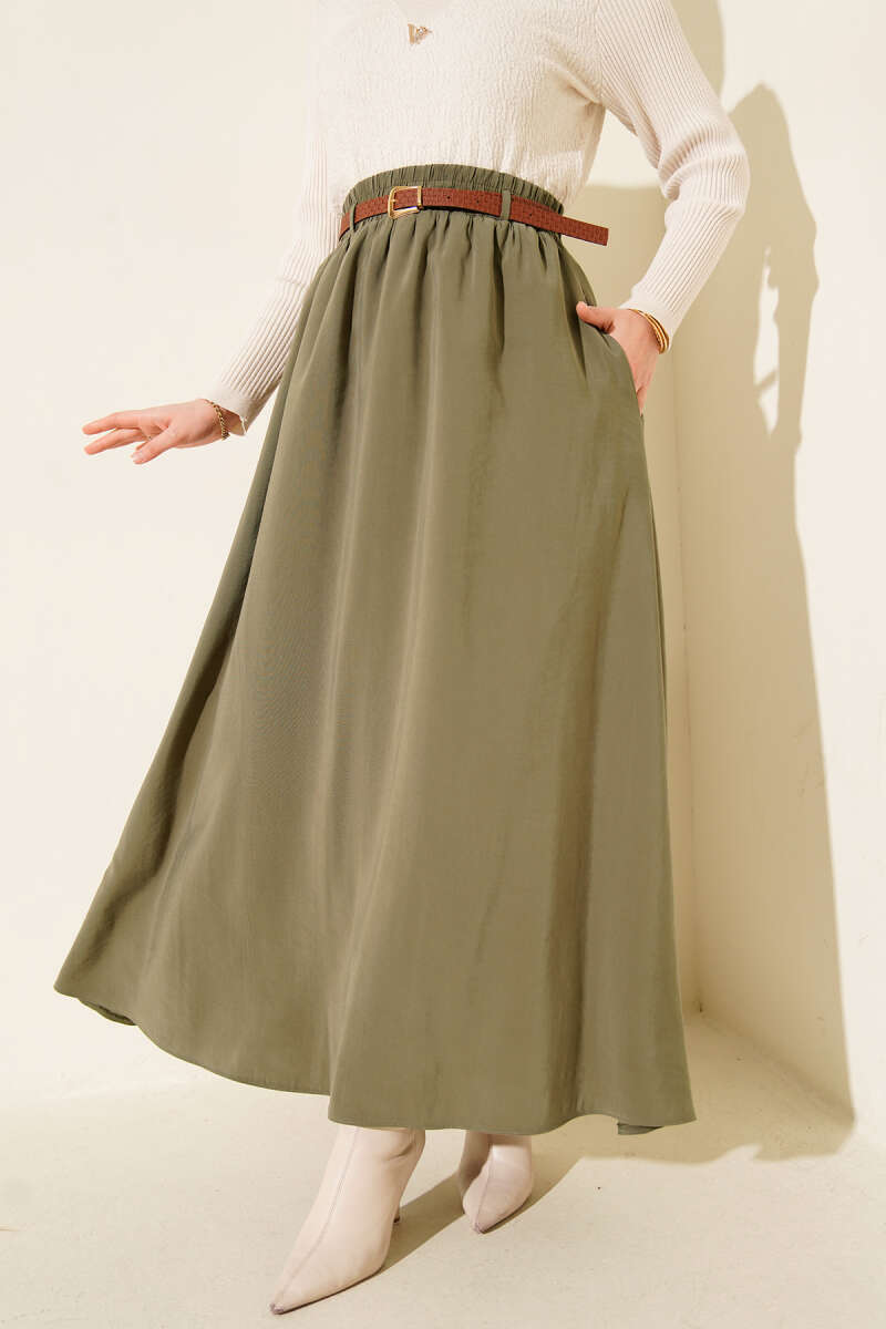 Belted Tencel Skirt with Elastic Waist - Khaki