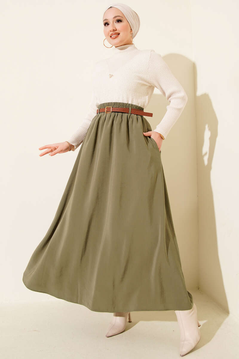 Belted Tencel Skirt with Elastic Waist - Khaki
