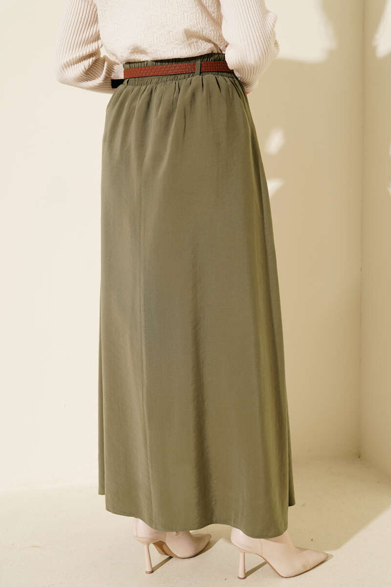Belted Tencel Skirt with Elastic Waist - Khaki