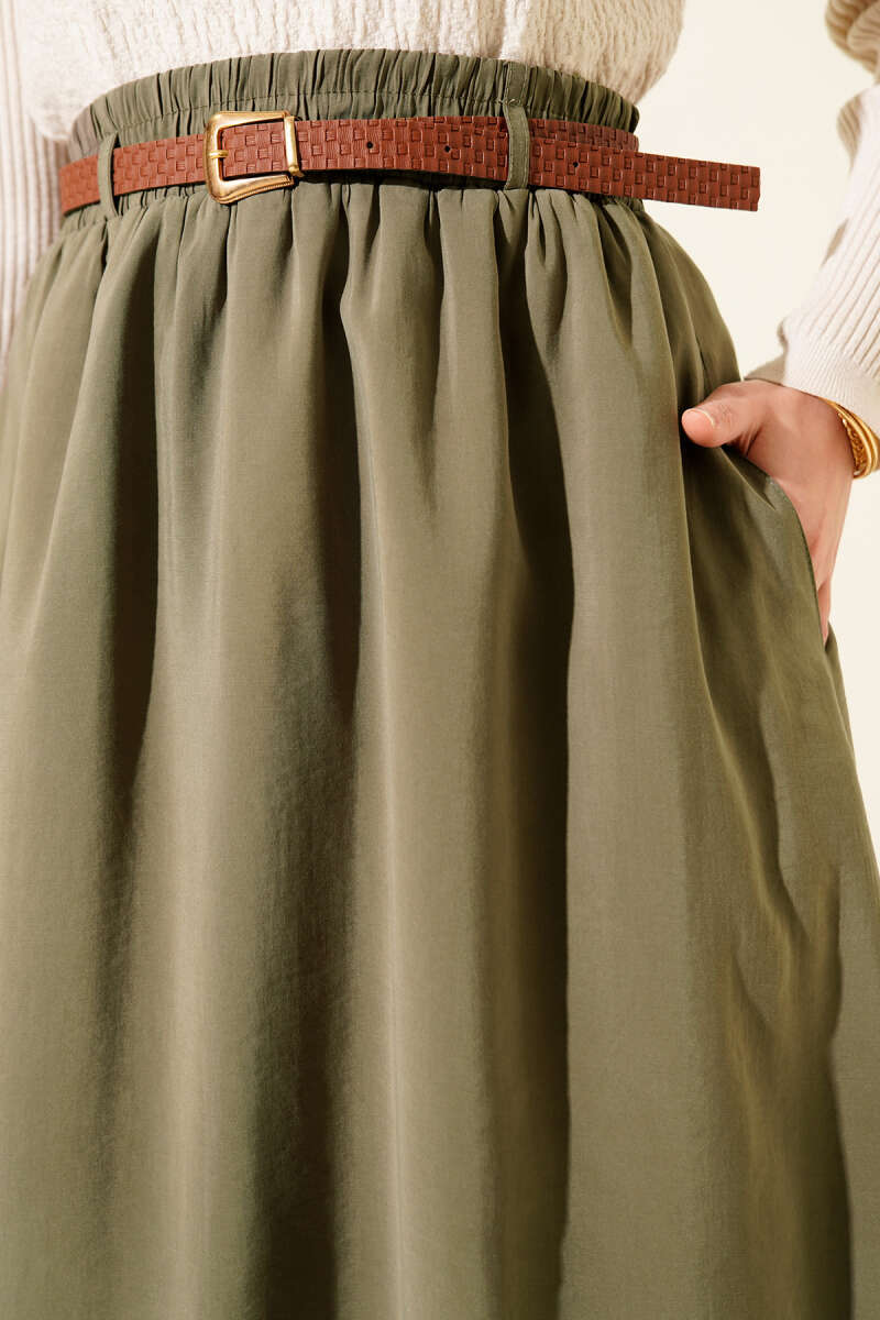 Belted Tencel Skirt with Elastic Waist - Khaki