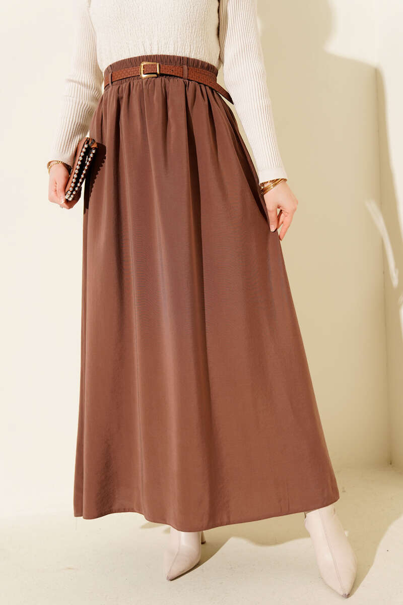 Belted Tencel Skirt with Elastic Waist - Brown