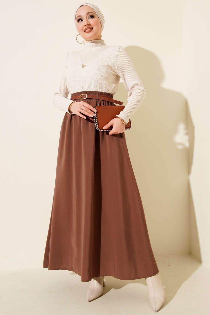 Belted Tencel Skirt with Elastic Waist - Brown