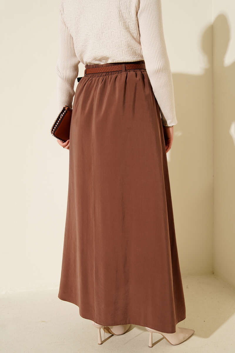 Belted Tencel Skirt with Elastic Waist - Brown
