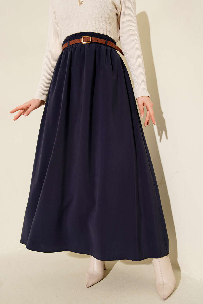 Belted Tencel Skirt with Elastic Waist - Navy