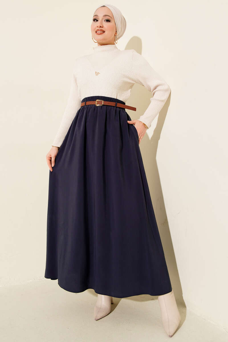 Belted Tencel Skirt with Elastic Waist - Navy