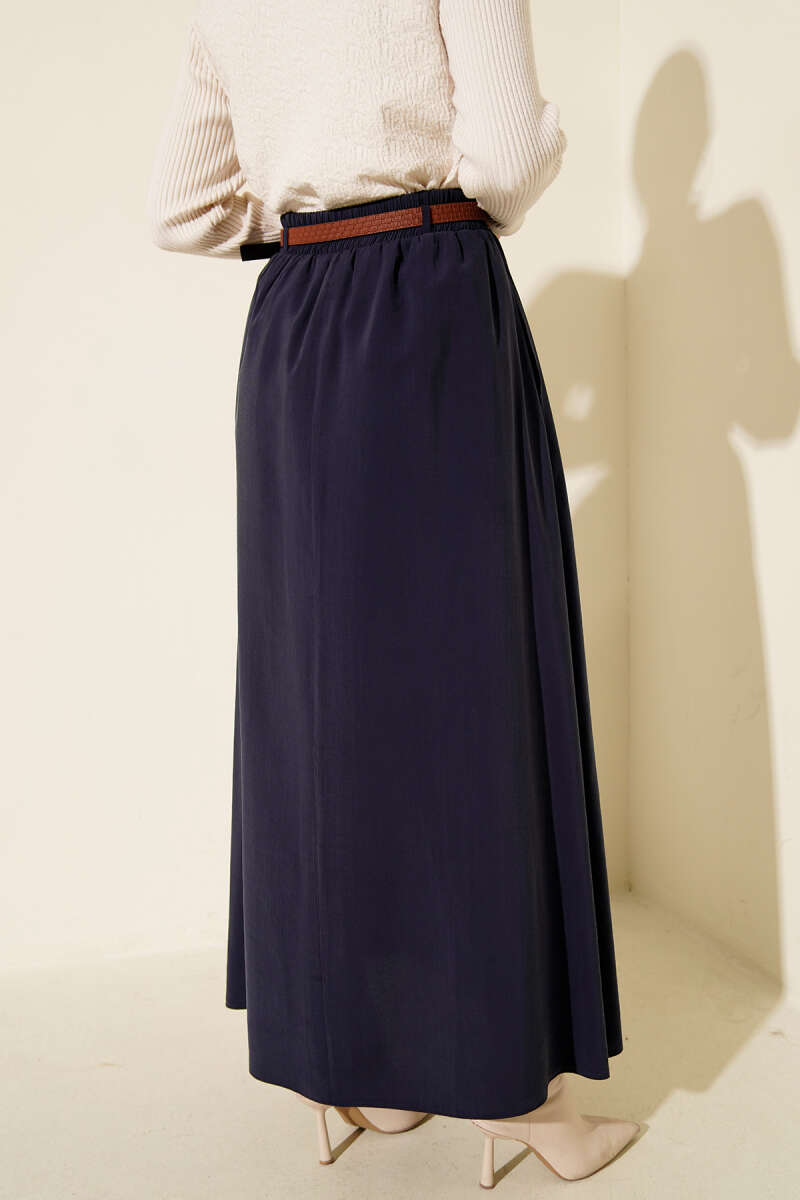 Belted Tencel Skirt with Elastic Waist - Navy