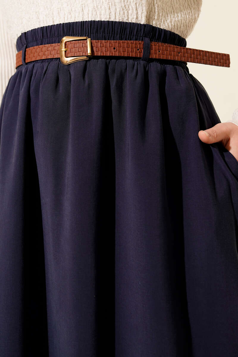 Belted Tencel Skirt with Elastic Waist - Navy