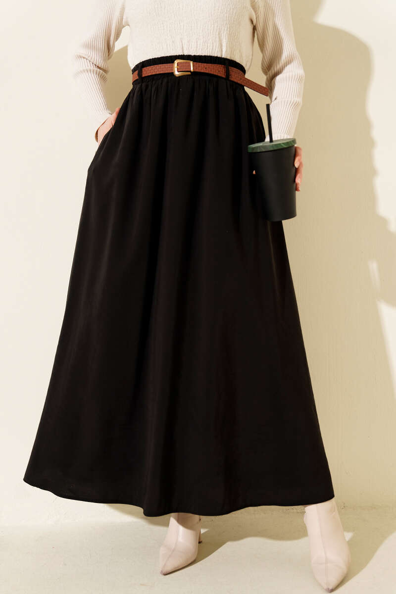 Belted Tencel Skirt with Elastic Waist - Black