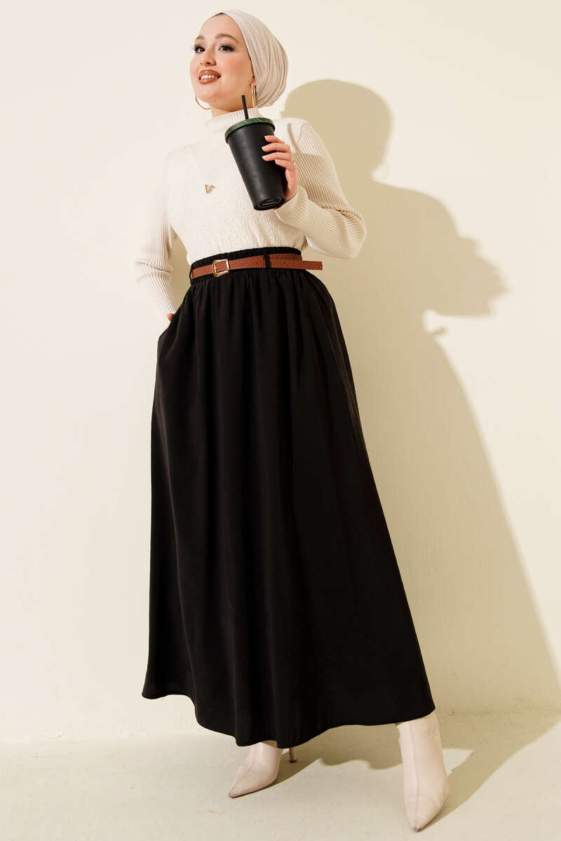 Belted Tencel Skirt with Elastic Waist - Black