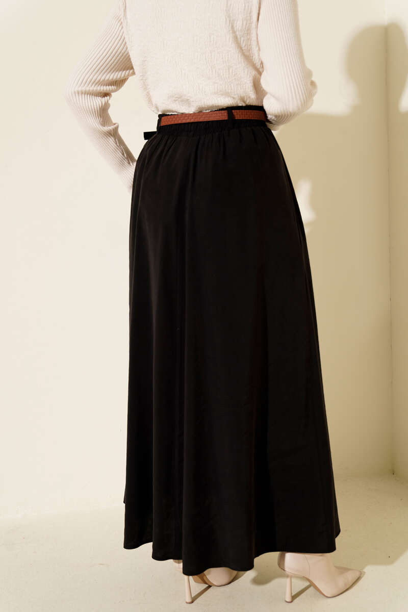 Belted Tencel Skirt with Elastic Waist - Black
