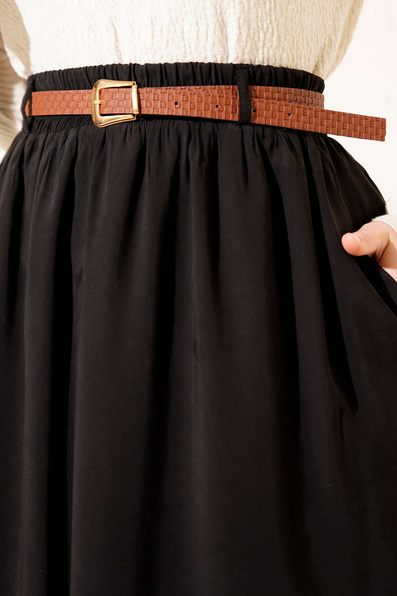 Belted Tencel Skirt with Elastic Waist - Black