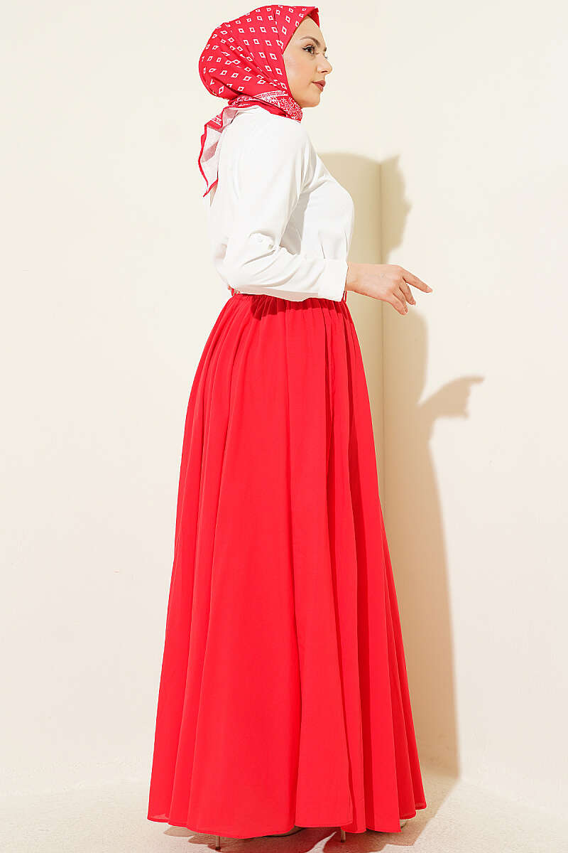 Belted Voile Skirt with Elastic Waist - Red