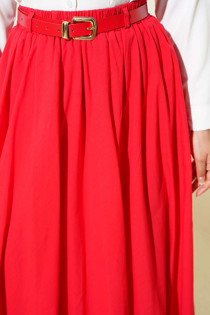 Belted Voile Skirt with Elastic Waist - Red