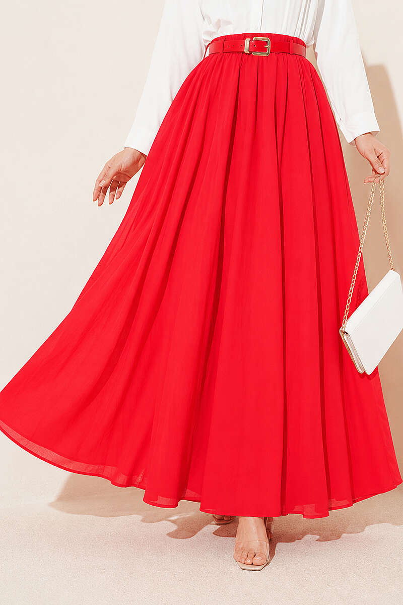 Belted Voile Skirt with Elastic Waist - Red