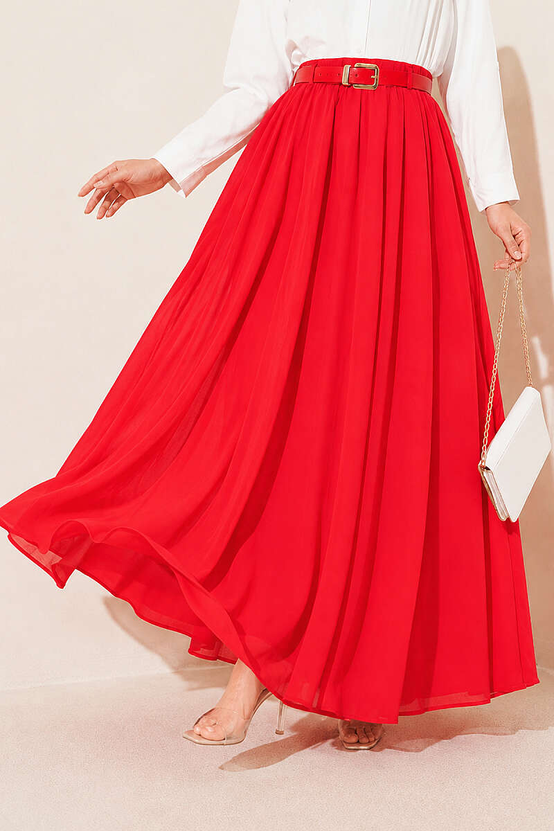 Belted Voile Skirt with Elastic Waist - Red