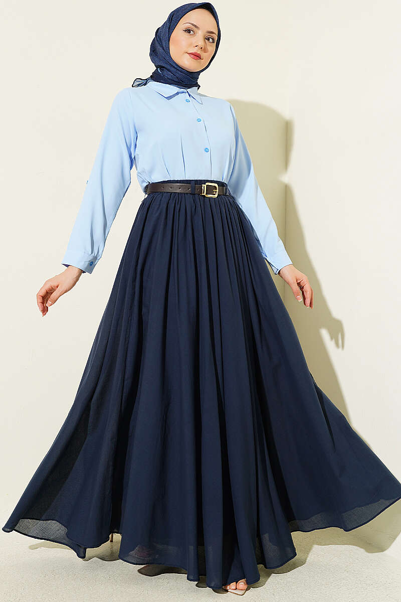 Belted Voile Skirt with Elastic Waist - Navy