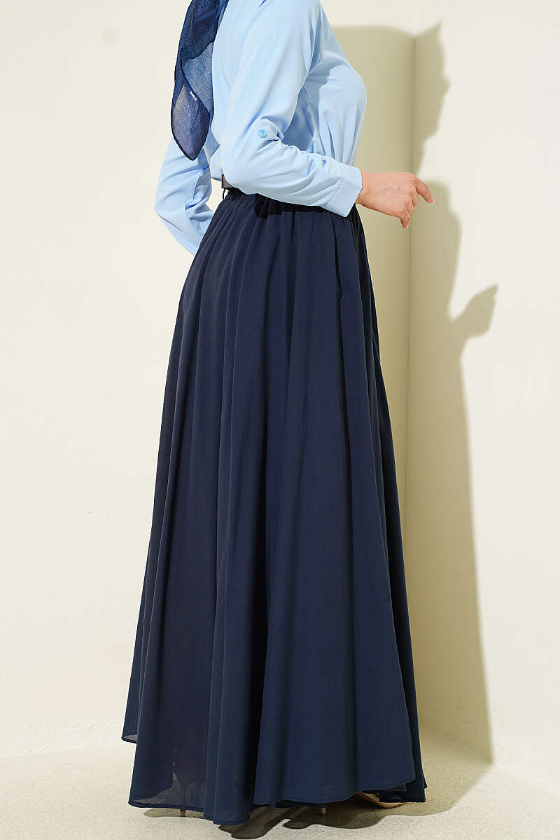 Belted Voile Skirt with Elastic Waist - Navy