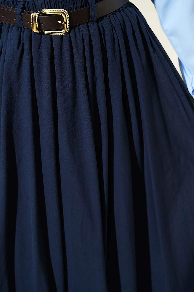 Belted Voile Skirt with Elastic Waist - Navy